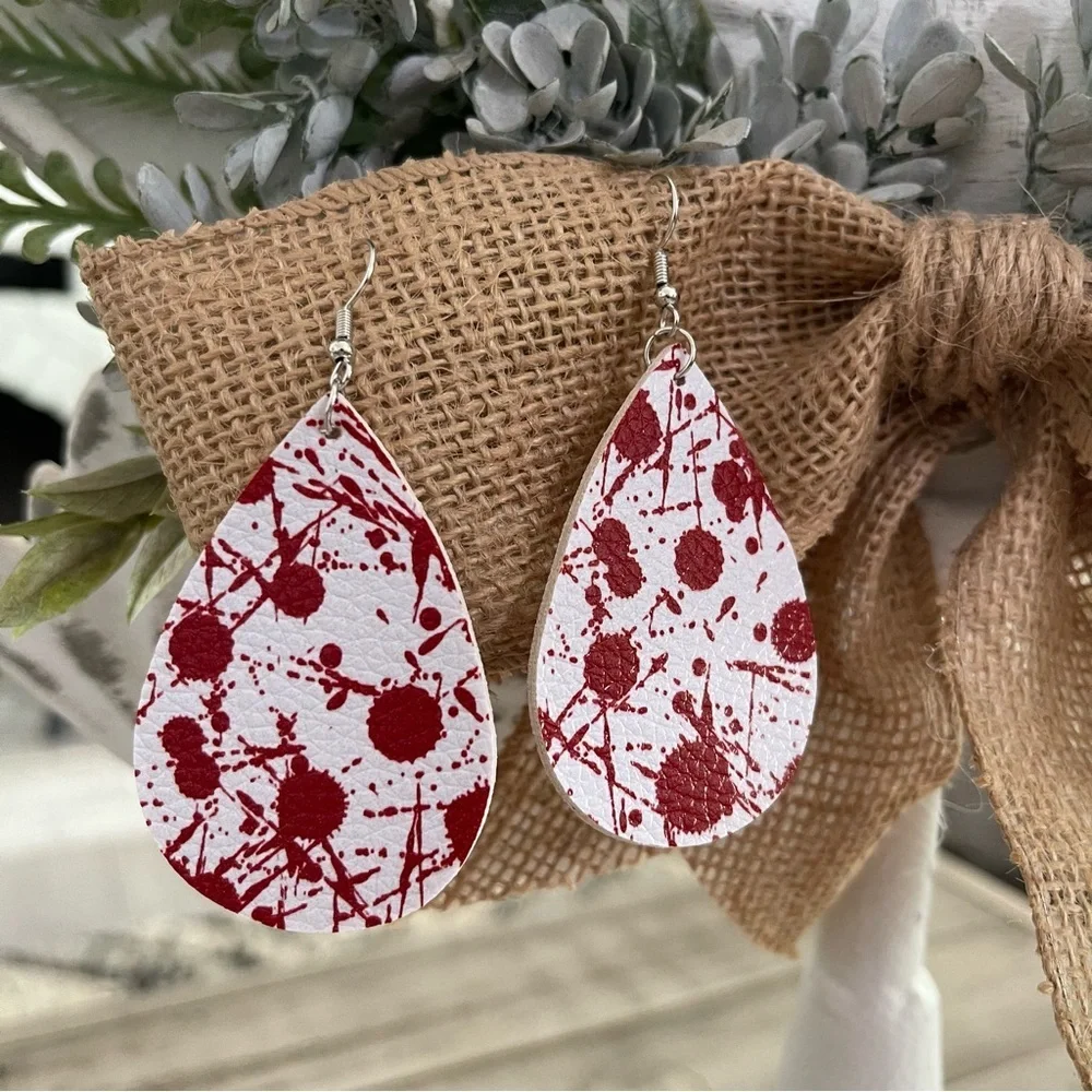 Halloween Fall Faux Leather Teardrop Dangle Earrings Blood Splatter - Picture 2 of 2